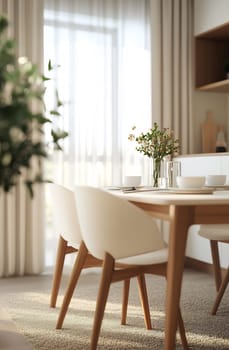 A bright, modern dining room features a wooden table with white chairs and a vase of flowers, surrounded by natural light.
