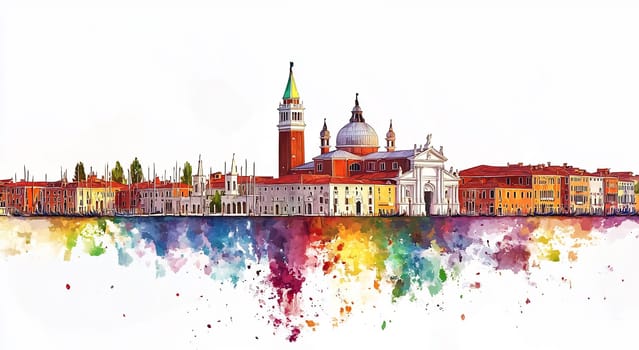 A vibrant depiction of Venice's skyline highlights historic buildings against a colorful splash of paint.