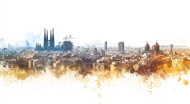 The skyline of Barcelona is highlighted at sunset, with famous landmarks and a warm color palette blending the cityscape.