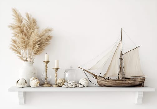 This display features a wooden sailboat alongside shells, candles, and pampas grass in a calming coastal setting.