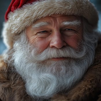 A joyful Santa Claus with a fluffy white beard and warm attire exudes holiday spirit while looking directly at the camera spreading cheer.