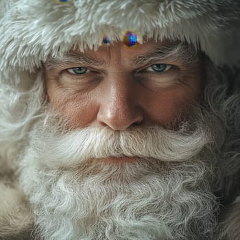A man is depicted with a prominent beard and winter hat showcasing a serious expression and intense gaze reflecting a wintry theme.
