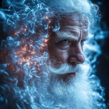An elderly man with a long white beard is surrounded by swirling blue smoke creating an ethereal atmosphere.