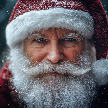 An elderly man with a snowy beard and warm smile wears a festive hat while surrounded by a winter landscape.