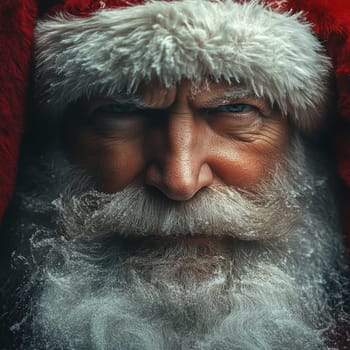 A close up of Santa Claus showcasing a serious expression white beard and red hat highlighting his wise demeanor and festive spirit.