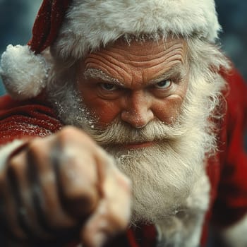 A determined Santa Claus points directly at the viewer with a serious expression surrounded by a snowy environment during the holiday season.