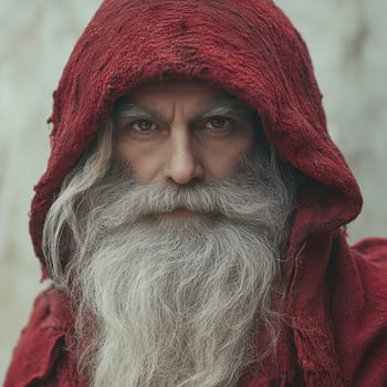 A man wearing a crimson hood gazes intensely his long gray beard flowing conveying wisdom and strength in a mysterious setting.