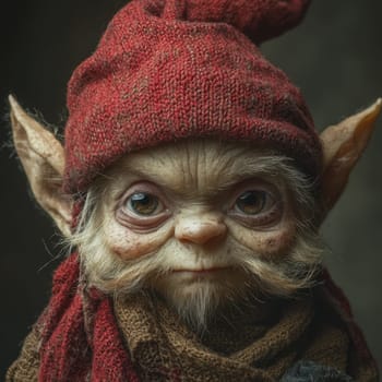 A small goblin with big eyes and a thick beard wearing a red knitted hat and cozy scarf showcasing a unique playful expression.