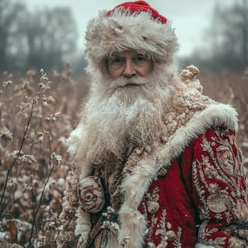 A man dressed in traditional winter clothing stands in a snowy field surrounded by frosty plants embodying the spirit of the season.
