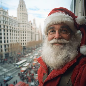 Santa Claus stands by a window smiling as he watches the bustling city streets during the festive season.