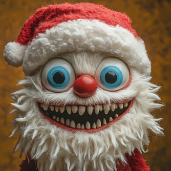 A whimsical character with oversized eyes and a broad grin is dressed in a red Santa hat exuding a playful holiday spirit.