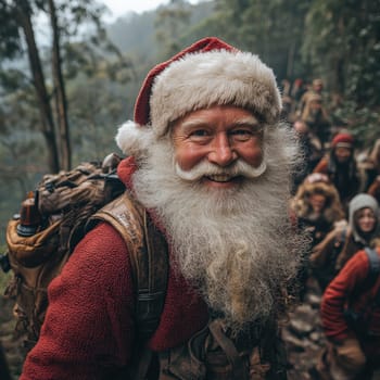A joyful man dressed as Santa smiles warmly at a gathering of hikers in a forest showcasing camaraderie and holiday spirit in nature.
