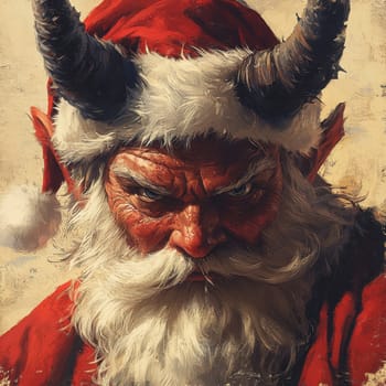 A fierce Santa Claus figure with horns and a traditional hat conveys an unusual and powerful presence blending festive and dark elements.