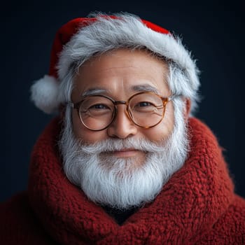 An elderly man with a full beard and glasses wears a Santa hat and a cozy red sweater radiating warmth and holiday spirit.