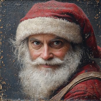 A cheerful man dressed as Santa Claus with a white beard and red suit exuding warmth and holiday spirit during Christmas time.