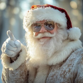 A cheerful Santa Claus wearing sunglasses and a festive outfit gives a thumbs up in a snowy forest during winter.