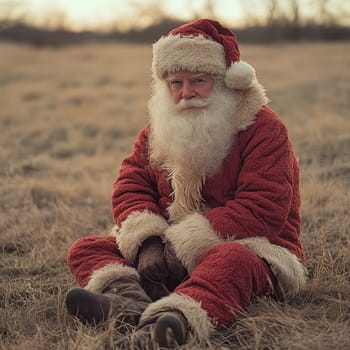 A bearded man dressed as Santa Claus sits on the ground in a grassy area enjoying the peaceful atmosphere of a warm sunset.