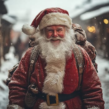 A cheerful man dressed as Santa Claus walks through a snow covered village bringing holiday spirit with his big smile and festive outfit.