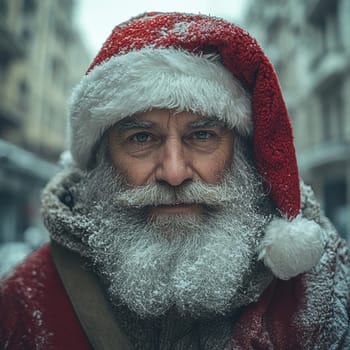 An elderly man with a snowy beard and red Santa hat stands in a wintery urban setting exuding warmth and joy during the holiday season.