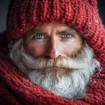 A distinguished man with a long gray beard and piercing blue eyes wears a cozy red knitted hat and scarf exuding warmth in a chilly setting.
