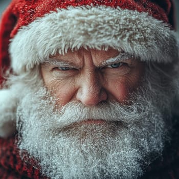 A bearded man dressed as Santa Claus stares intently into the distance his beard dusted with snow in a winter setting.