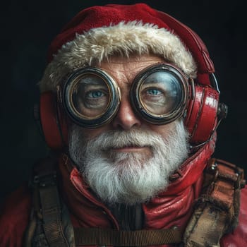A man dressed as Santa wears vintage goggles and earmuffs showcasing a warm smile perfect for a festive winter setting.