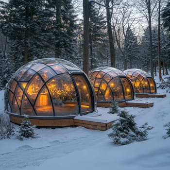 Beautiful glass domes are illuminated in a snowy forest creating a cozy atmosphere amidst towering trees at twilight.