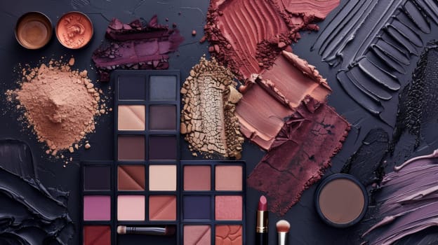 Creative flat lay setup featuring a diverse range of makeup textures and colors.
