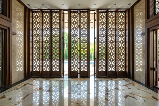 Decorative Islamic screens with geometric patterns, dividing spaces while adding visual interest.