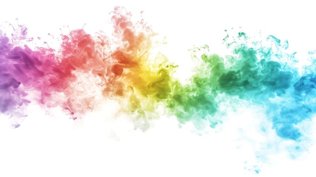 Colorful powder explosion cloud, rainbow vibrant color splash, paint holi dust, multicolor particles, isolated white background