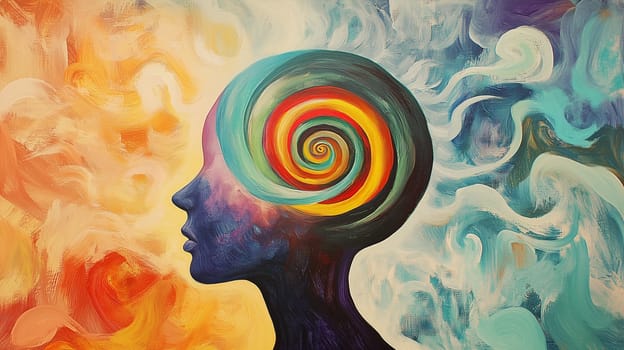 Hypnosis, brain with hypnotic, dynamic vortex spiral, addicted to social media, manipulation and mind control, world of illusion