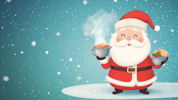 Santa Claus is cooking a meal for christmas eve, winter holiday season, xmas greeting card, snowflakes, cartoon illustration