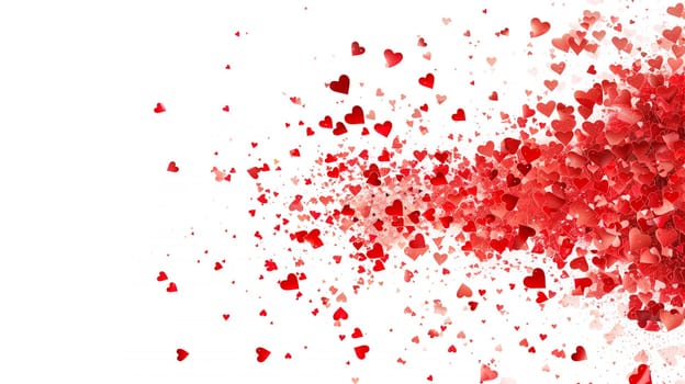 Red hearts explosion cloud, vibrant color confetti splash, love and emotion, heart particles, valentine day, isolated white background