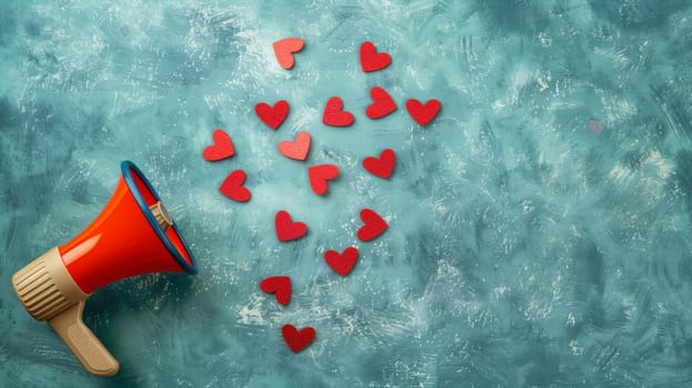Megaphone spreading hearts, love and emotion, advertising and marketing concept, social media, announcement for discount sale valentine day