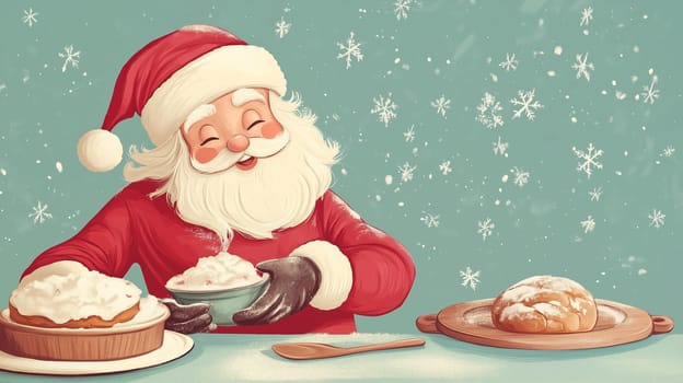 Santa Claus is baking cookies and cake for christmas eve in the kitchen, winter holiday season, xmas greeting card