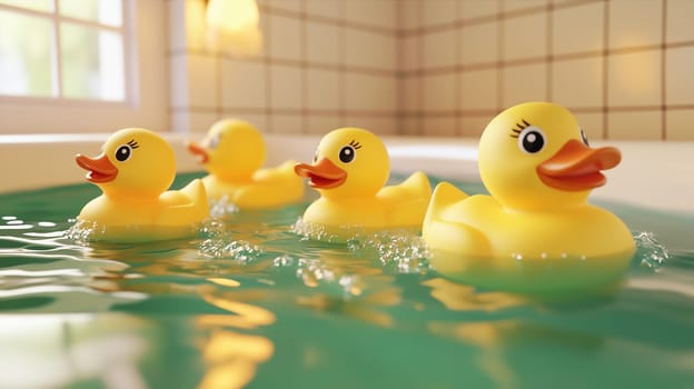 Group of yellow rubber duck swimming in water of a bath tub, Rubber ducky day, teamwork and cooperation, community setting, children toy
