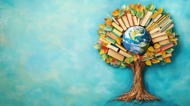 Education, knowledge and skill learning with literature, world book day, books growing on a tree, planet earth, reading a story
