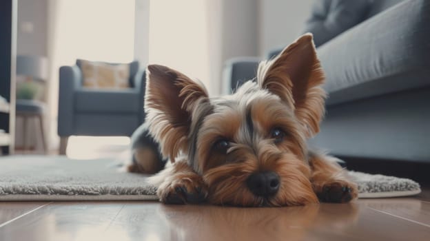 Dog bored at home. Yorkshire terrier lies on the floor alone and sad. Pet in the apartment