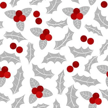 Silver holly leaves and berries seamless pattern. Natural traditional winter holiday background. Christmas print for textile, packaging, paper, backdrop and other design, vector graphic