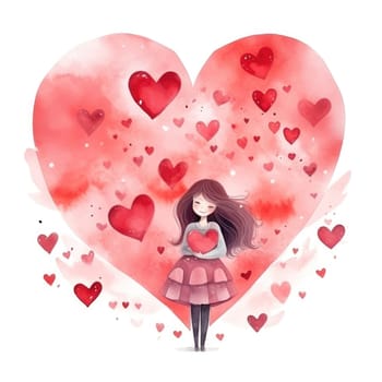 Girl holding red heart on big heart background. Romantic watercolor illustration. Cute girl with heart for valentine's day
