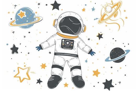 An astronaut in spacesuit flies among stars, planets and space dust. Cute astronaut in zero gravity illustration