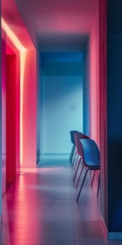 A hallway with a blue chair in the middle and three other chairs on either side. The chairs are arranged in a row, and the hallway is brightly lit