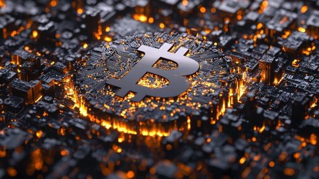 A high-quality, high-resolution conceptual image centered on Bitcoin, symbolizing its role in the financial and stock market. This visual representation captures the essence of cryptocurrency in modern financial contexts with sharp, detailed design.