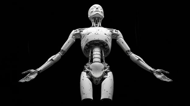 A hyper-advanced artificial intelligence robot inspired by divine imagery, resembling a tall, ethereal figure with symmetrical lighting and shadows. This futuristic, humanoid AI features a pure white, minimalist design, a single camera lens in place of facial features, and a serene, holy presence, set against a stark black background.