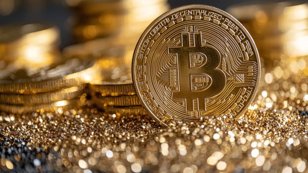 A high-quality, high-resolution conceptual image centered on Bitcoin, symbolizing its role in the financial and stock market. This visual representation captures the essence of cryptocurrency in modern financial contexts with sharp, detailed design.