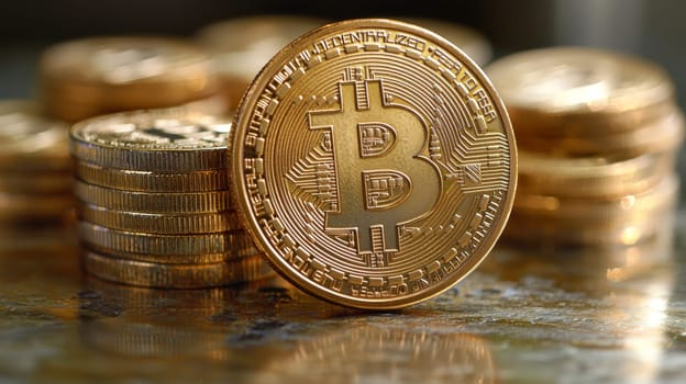 A high-quality, high-resolution conceptual image centered on Bitcoin, symbolizing its role in the financial and stock market. This visual representation captures the essence of cryptocurrency in modern financial contexts with sharp, detailed design.
