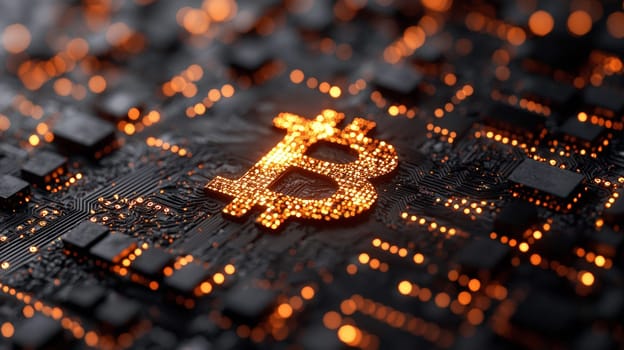 A high-quality, high-resolution conceptual image centered on Bitcoin, symbolizing its role in the financial and stock market. This visual representation captures the essence of cryptocurrency in modern financial contexts with sharp, detailed design.