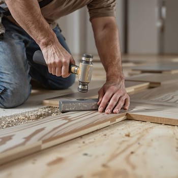 A person lays wooden floor panels with care, using a mallet and spacer for precise alignment and secure fitting.