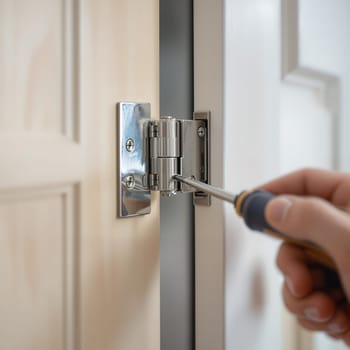 A hand uses a screwdriver to tighten the screws on a metal door hinge, ensuring stability and proper alignment.