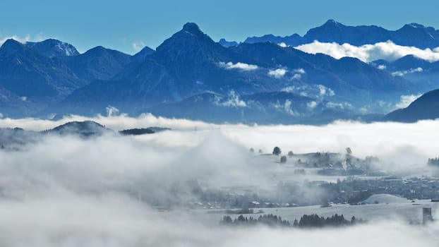 Drone photo of fog in the Allgäu Alps